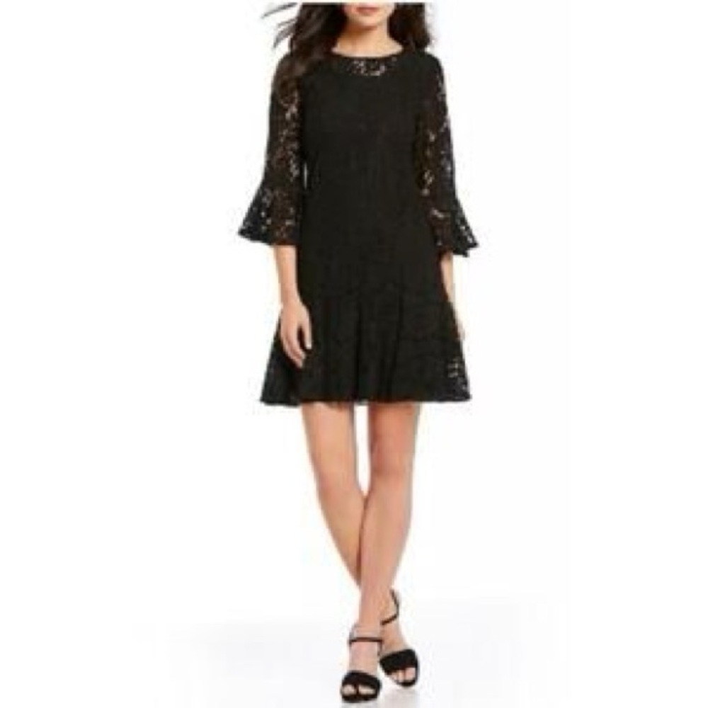 Isaac Mizrahi Black Lace Lined Dress 3/4 Bell Sleeve Flounce Hem NWOT